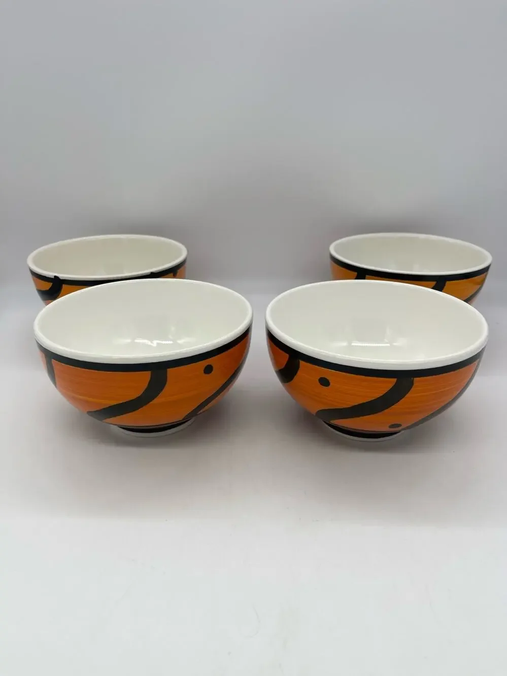 Pier 1 Hand Painted ITALY Orange & Black Dots Wavey Lines Set of 4 Cereal Bowls